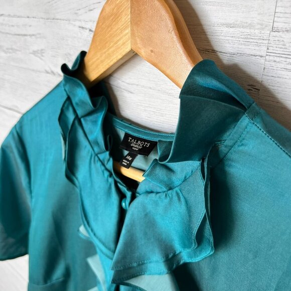 Talbots Top Womens Size 14W Dark Teal Ruffle Silk Blend Button Down Blouse - Picture 9 of 16
